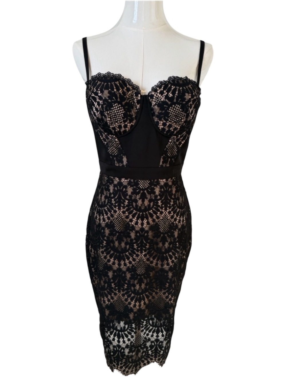 bebe Black Lace Midi Whimsigoth Dress with Nude Lining Size 6 - Picture 1 of 14